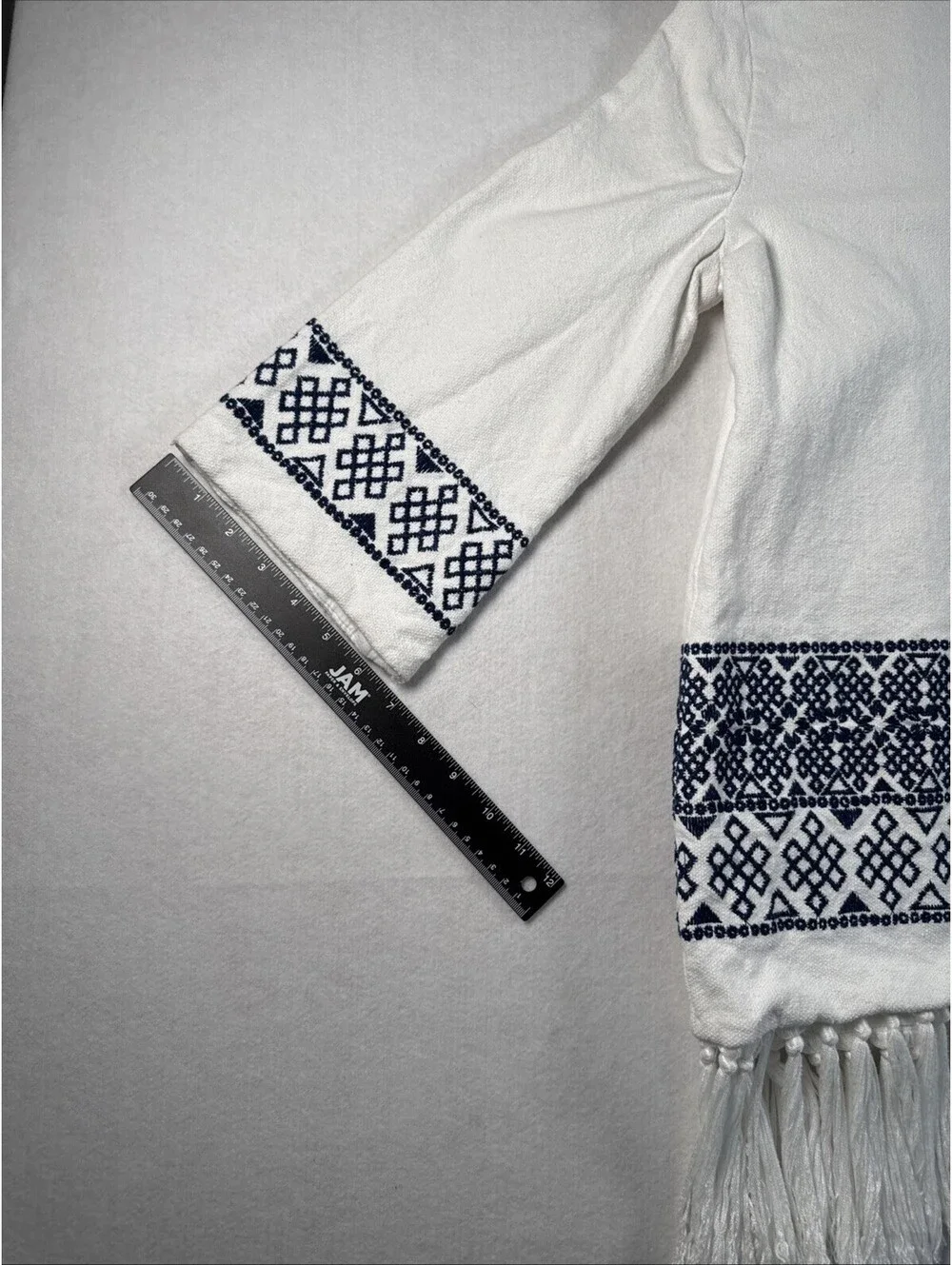 Zara Aztec Embroidered Fringe Jacket in Optic White Sz M Pre Owned